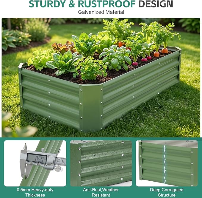 Galvanized Raised Garden Bed - 4x2x1ft (2Packs) Metal Garden Planter Box Outdoor | Steel Raised Bed Kit with Bracing Rods, Gloves for Gardening Vegetables Fruits and Flowers (Oliver Green)
