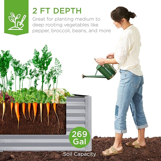 Best Choice Products 6x3x2ft Outdoor Metal Raised Garden Bed, Deep Root Box Planter for Vegetables, Flowers, Herbs, 269 Gallon Capacity, 100% Non Toxic Materials - Moonlight Gray