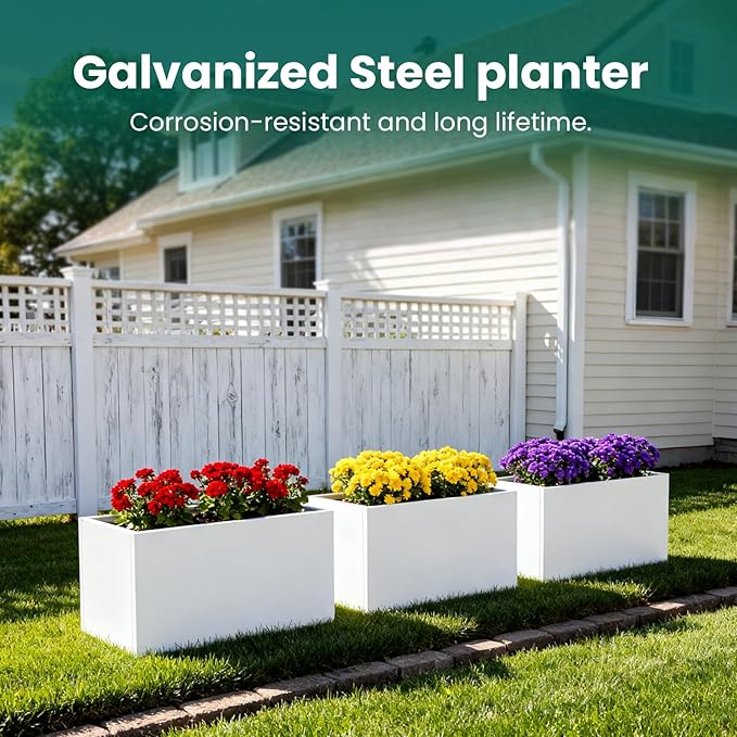 White Steel Planter Rectangular Outdoor Indoor Planter Box Galvanized Steel Metal 32" L x 16" W x 16" H Large Planters Flower Pot Modern Commercial Residential for Trees Patio Yard Garden