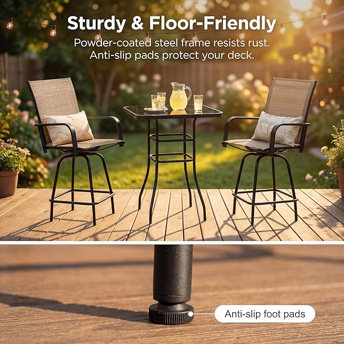 Homall 3 Piece Outdoor Patio Swivel Bar Stools Set, High Top Table with 2 Textilene Fabric Chairs, Counter Height Bistro Furniture for Balcony, Backyard, Poolside, Brown
