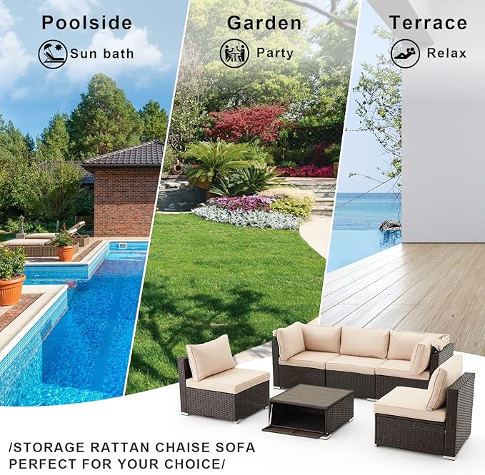 HOMREST 6 Pieces Patio Furniture Sets, Rattan Daybed with Retractable Canopy, Outdoor Sectional Sofa Set with Adjustable Backrest, Chaise Chair Sunbed for Garden Poolside Backyard (Khaki)
