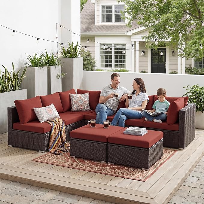 NICESOUL 29.3'' High Back Wicker Patio Furniture Set for 8 Person, Extra Big Outdoor Modular Sectional with Ottoman, Deep Seated Relax Conversation Sets for Backyard Deck, Brown and Red