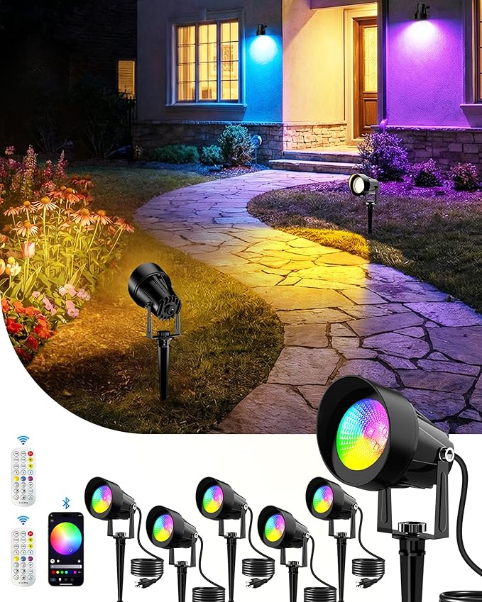 CORESLUX Christmas Smart Spot Lights Outdoor, Color Changing Warm White Landscape Lights with APP and Remote Control, Spotlight Waterproof for Garden Yard Patio Landscape, 6 Pack