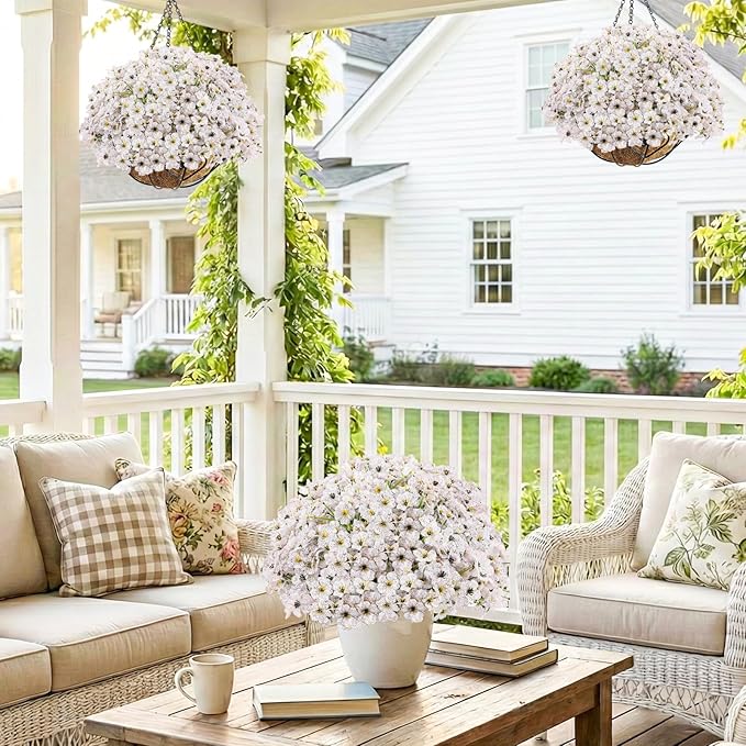 22 Pack Artificial Flowers Outdoor Fake Plants, Faux Flowers UV Resistant with Plastic Plants, Faux Silk Flowers for Outdoors Outside Front Porch Hanging Planter Window Box Garden Decoration(White)