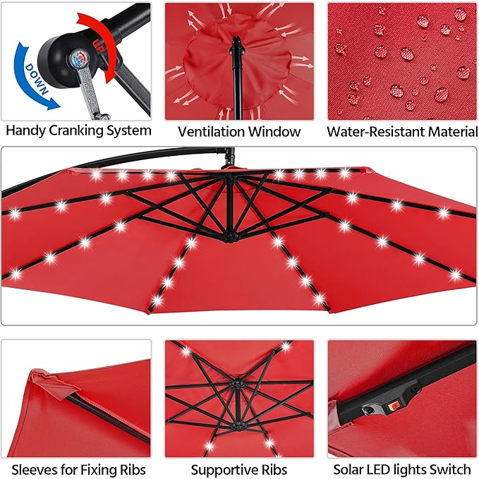 Yaheetech 10FT Solar Offset Umbrella with 32 LED Lights Cantilever Hanging Outdoor Umbrellas Handy Crank & Cross Base for Lawn/Deck/Backyard/Pool Red
