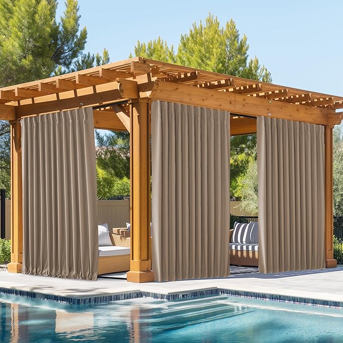 NICETOWN 2 Panels Outdoor Curtains Waterproof Pocket & Back Tab on Top & Bottom, Thermal Insulated Windproof Sun Blocking Outside Privacy Drapes for Patio with Fixed Rope, W84 x L84, Tan
