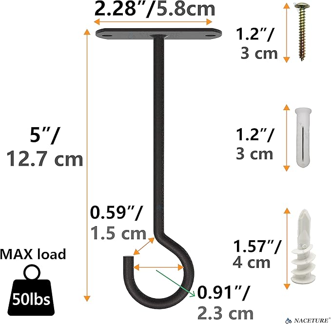 NACETURE Ceiling Hooks Heavy Duty 2 Pack - Plant Hooks for Ceiling Hanging Hook for Hanging Basket Hook, Light, Bird Feeders, Wind Chimes Décor Indoor & Outdoor (Black, 5 Inch 6 Pack)