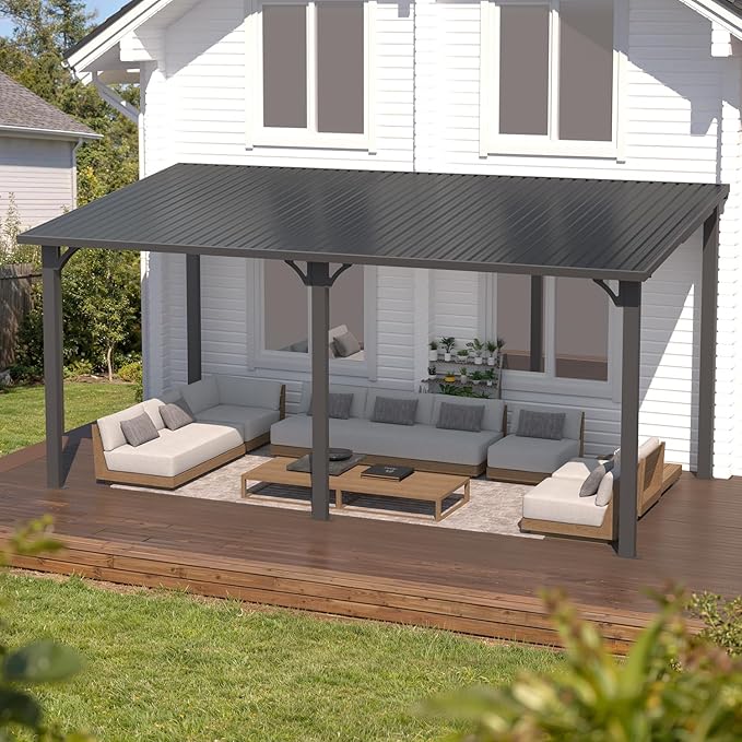 AECOJOY 8' x 16' Outdoor Hardtop Metal Gazebo for Patio, Large Lean to 16'x8' Galvanized Steel Wall Mounted Pergolas and Grill Gazebos Clearance, Patio Roof Heavy Duty Pergola Awnings for Decks