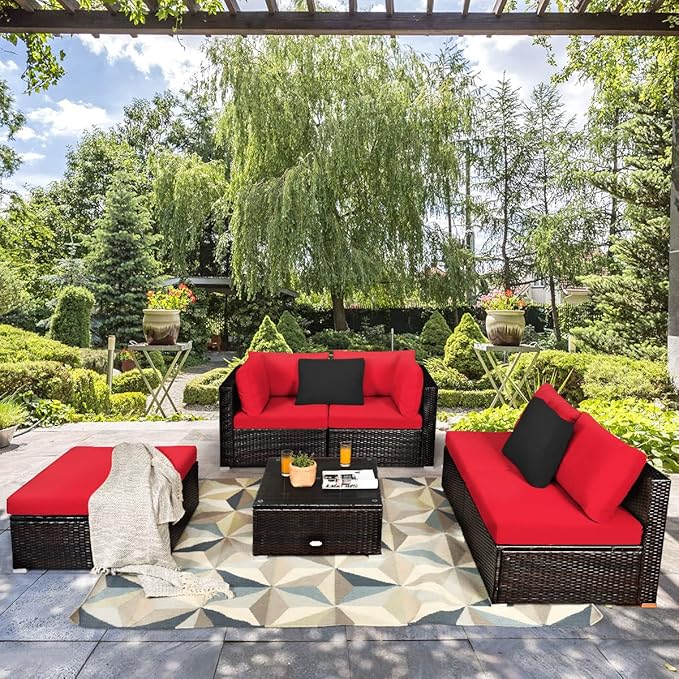 Tangkula 6 Piece Patio Furniture Set, Outdoor Deck Lawn Backyard Sectional Sofa with Coffee Table, Durable Steel Frame PE Rattan Wicker Conversation Set (Red)