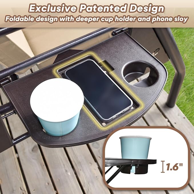 3 Seat Outdoor Porch Patio Swing with Stand 800lbs 2-in-1 Convertible Swing Bed with Adjustable Canopy & Removable Cushion for Yard Garden Deck (Khaki, Round Tube)