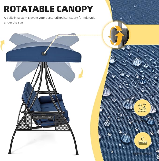 HOMREST 3 Seat Outdoor Porch Swing with 1.5" Deepened Cup Holder, Adjustable Canopy, Patio Swing Bed with Stand, Patio Glider Swing with Thicken Cushions, Pillow for Yard, Garden(Blue)