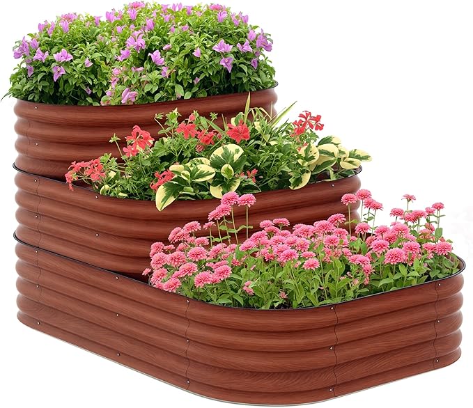 Outsunny 3-Tier Galvanized Steel Raised Garden Bed Kit, 62.25" x 43" x 32.25", 3 Combining Planter Boxes with Rubber Strip Edging, Open Bottom for Backyard, Garden, Patio, Brown