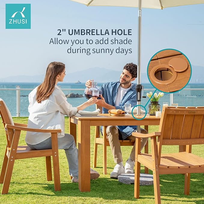 ZHUSI Patio Table and Chairs Set, Outdoor Table and Chairs,HDPE Outdoor Dining Set with Umbrella Hole for Backyard, Poolside, Porch 4 Armchairs