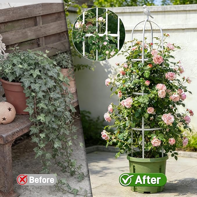 6ft Garden Obelisk Trellis for Climbing Plants-Rustproof Metal Pipe with Heavy Duty Plastic Coated, Garden Outdoor Indoor Potted Plant Support for Clematis Vine Jasmine Support （White）