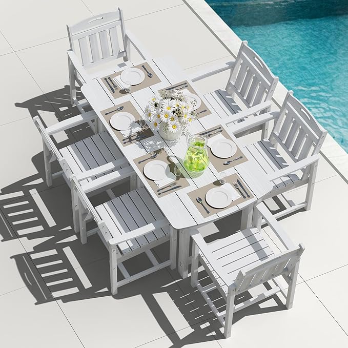 HDPE Outdoor Patio Dining Set with Table & 6 Chairs, All-Weather 7-Piece Outdoor Table and Chairs, 2" Umbrella Hole, Patio Furniture for Garden, Backyard, Deck | White