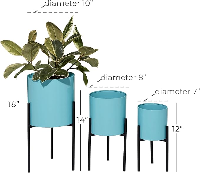 Deco 79 Metal Indoor Outdoor Planter Minimalistic Large Planter Pot with Black Removable Stand, Set of 3 Planters 12", 14", 18"H, Teal