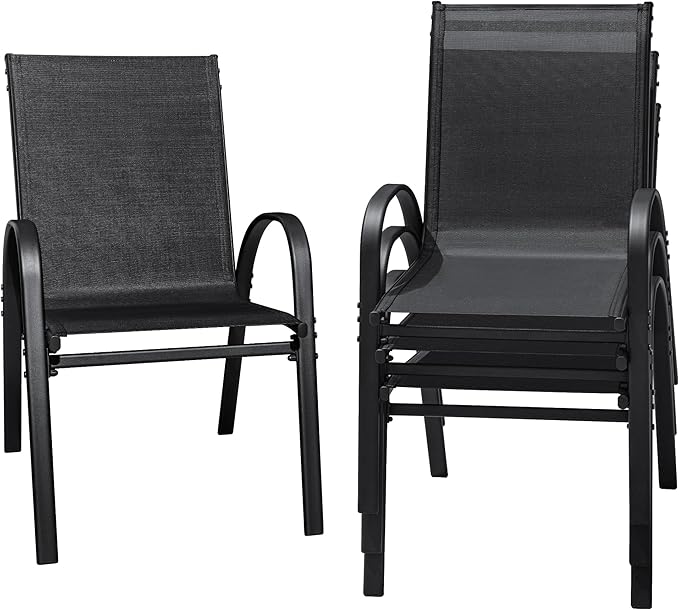Flamaker Patio Chairs Stackable Dining Chairs Set of 4 Metal and Teslin Outdoor Chairs for Lawn Deck Porch Balcony (Black)
