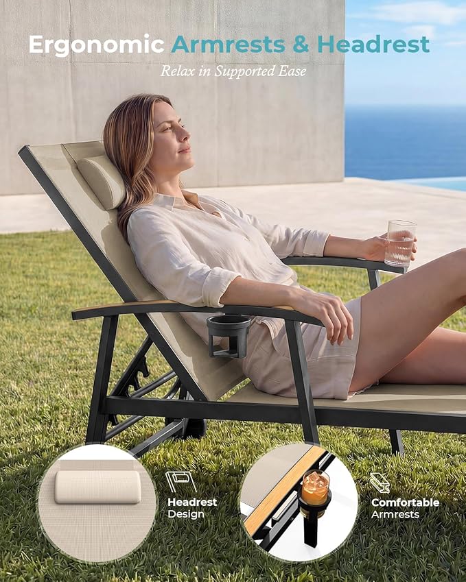 Ciokea Outdoor Lounge Chair with Pillow, 5-Position Aluminum Chaise Lounge with Wheels & Armrests, 400 lbs Heavy Duty Patio Pool Chair for Deck, Backyard, Beach & Poolside, Khaki
