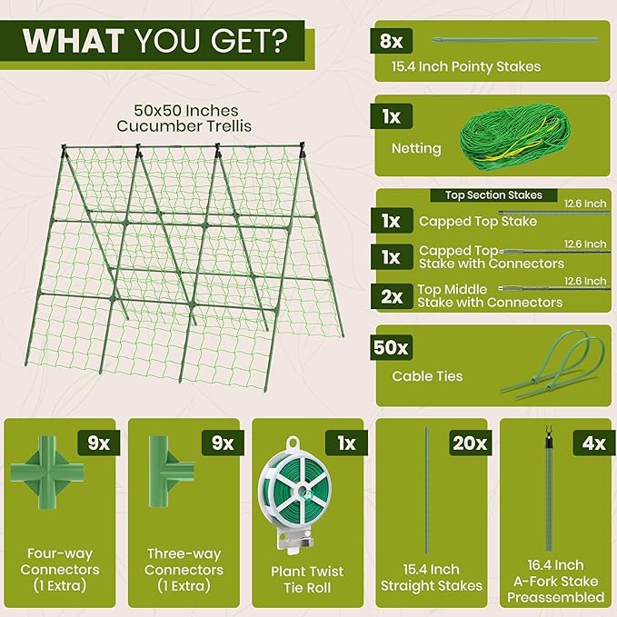 50x50 Cucumber Trellis for Raised Bed - A Frame Garden Trellis for Climbing Plants Outdoor - Cucumbers, Pea, Zucchini, Squash,Tomato, Green Bean, Vine, Watermelon, Melon, Pumpkin