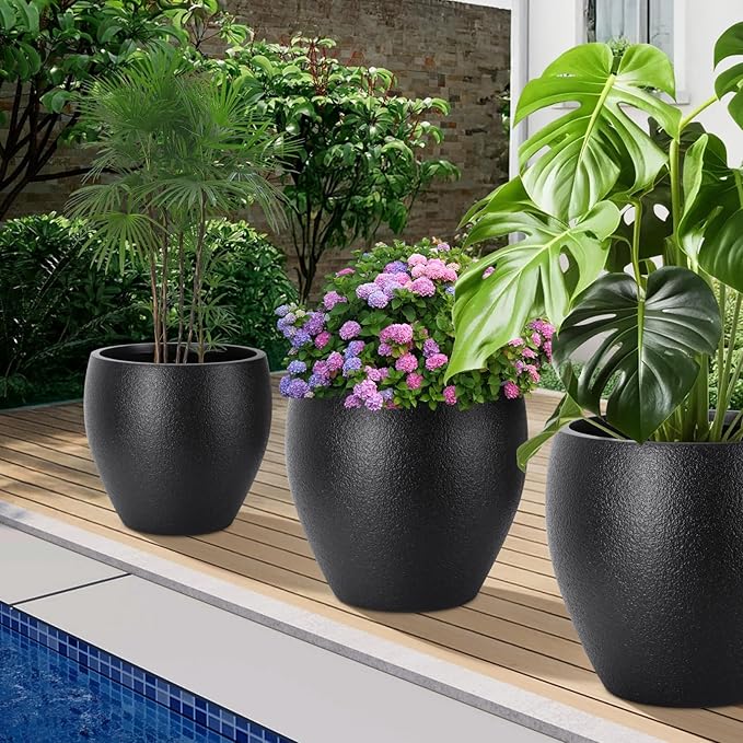 Plant Pots 17.5/14.8/12.2 inch Set of 3, Flower Pots with Drainage Holes, Large Planters for Indoor Outdoor Garden Plants and Flowers. (Black)