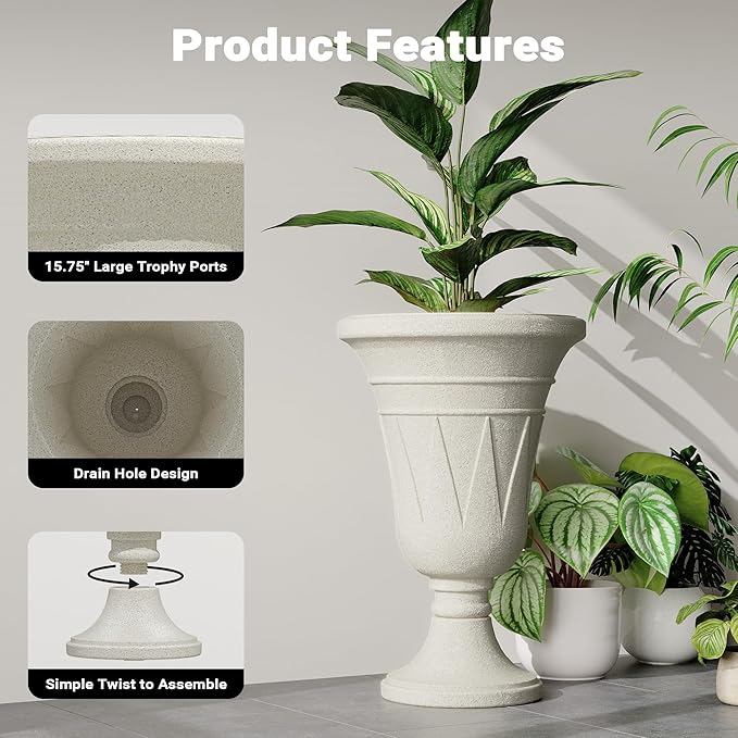23" Tall Planters for Outdoor Plants Set of 2, Planter with Drainage Holes and Trophy Design, Large Outdoor Planters for Porch, Garden, Beige