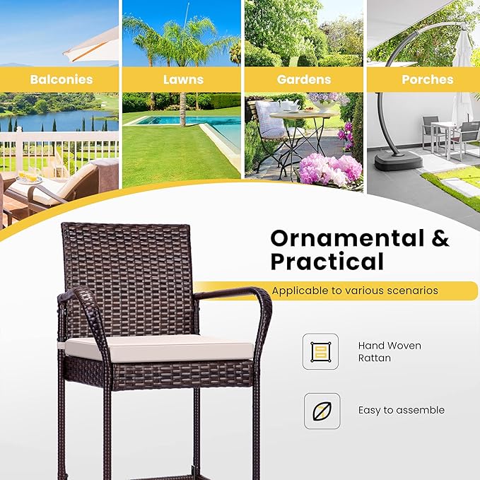 VIVOHOME 4 Packs Outdoor Wicker Barstool Patio Rattan Furniture with Armrests and Cushions, Brown