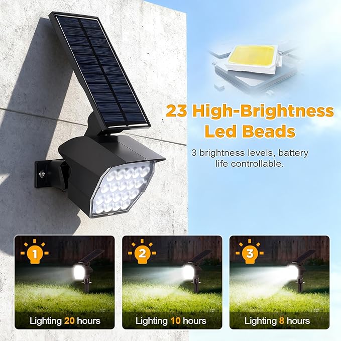 23 LED Solar Spot Lights Outdoor Waterproof, 2 Pack Solar Lights UP to 20Hrs, 3 Brightness Levels Spotlight Landscape Lighting, Auto ON/Off Outdoor Solar Lights for Yard, Garden, Lawn (Cool White)