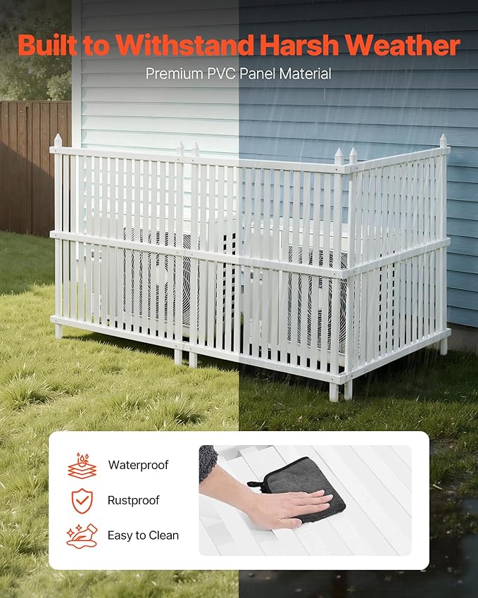 VEVOR 3 Panels Outdoor Privacy Screen, 36 x 45 in Air Conditioner Fence with 19.7 in Ground Stakes, Pool Equipment Enclosure, Strip Vinyl Privacy Fence, Ideal for Trash Can and A/C Units, White
