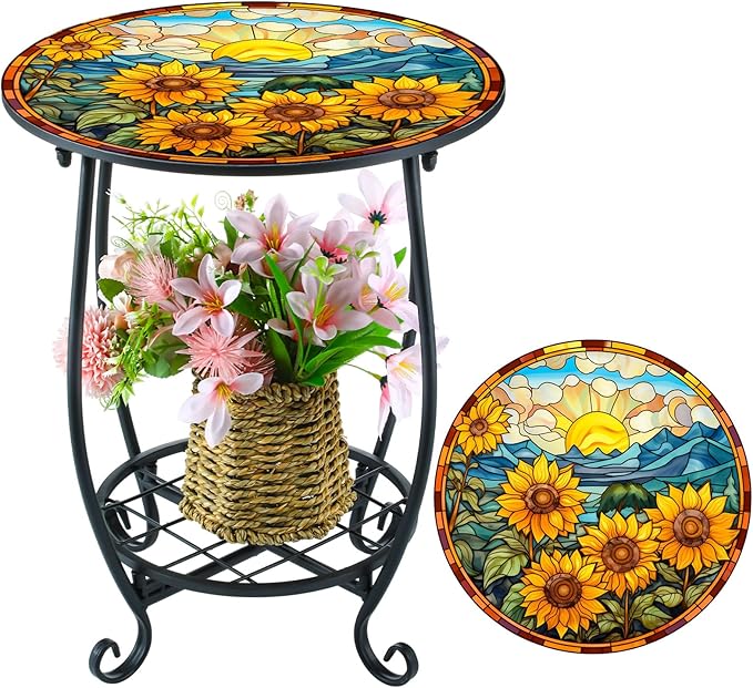 Outdoor Side Table Round Small Mosaic Patio Accent Indoor End Plant Coffee Tea Table for Yard Patio Porch Garden Living Room, Bedroom(Sunflower Style,14 Inch)