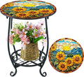 Outdoor Side Table Round Small Mosaic Patio Accent Indoor End Plant Coffee Tea Table for Yard Patio Porch Garden Living Room, Bedroom(Sunflower Style,14 Inch)