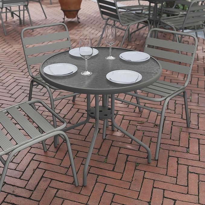 Flash Furniture Bellamy 31.5'' Round Indoor/Outdoor Tempered Glass Metal Frame Side Table, Silver