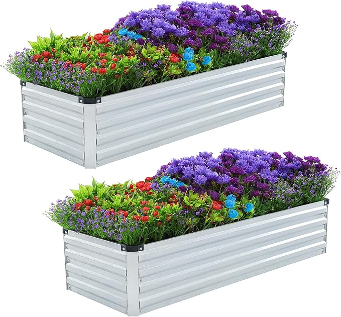 2 Pack 4x2x1FT Galvanized Raised Garden Beds Kit Outdoor Metal Gardening Planter Box for Vegetable Elevated Flower Herbs,Silver