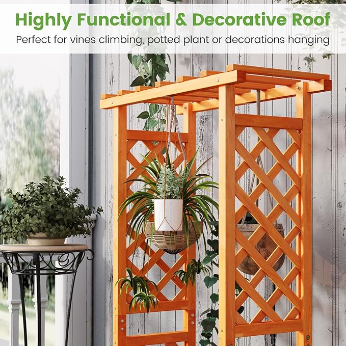 Giantex Raised Garden Bed with 2-Sided Trellis & Hanging Roof, Fir Wood Planter Box w/Drainage Holes, Bottom Gaps, Freestanding Garden Planter for Flowers Herbs Climbing Vines (31" x 12.5" x 60")