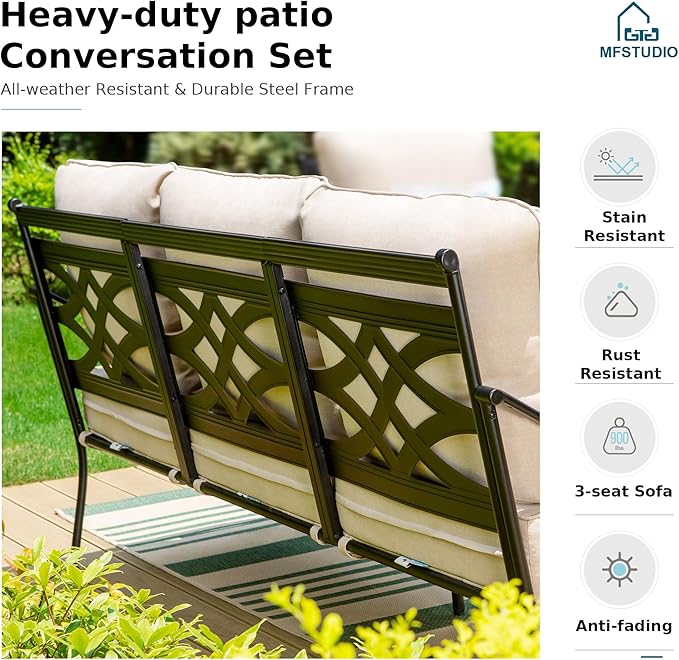 MFSTUDIO 7 Seats Metal Patio Furniture Sets, 6 Pieces Outdoor Sectional Sofa Conversation Set with 2 x Motion Chairs, 2 x Fixed Chairs, 1 x 3-seat Sofa and 1 x 45 inches Rectangular Fire Pit Table