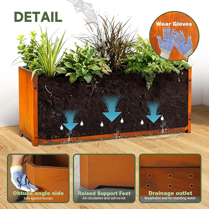 Corten Steel Planter Box-36"x15"x15"-Large Rectangular Planters For Outdoor Plants, Heavy Duty Rustic Tall Planter With Raised Support Feet For Patio, Deck, Garden, Yard, Drain Holes, Easy Assembly