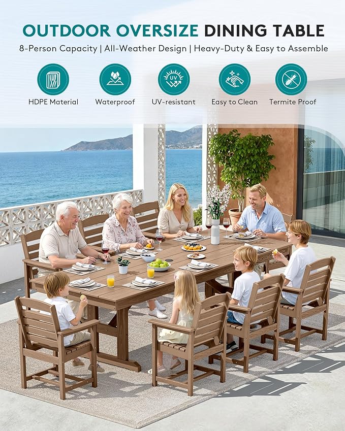 SERWALL 9 Piece Outdoor Dining Set, 84" HDPE Outdoor Table and Chairs for 8，All Weather Patio Furniture Set with Umbrella Hole for Backyard, Garden, Brown