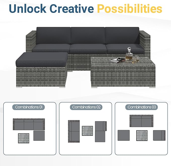 Wisteria Lane Outdoor Patio Furniture Set, All Weather Wicker Rattan Sectional Sofa, Patio Conversation Set with Cushions & Glass Coffee Table for Backyard Porch Garden Balcony, Grey