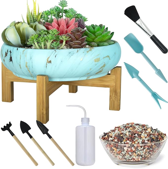 Succulent Pots, 10 Inch Large Succulent Planter Pots with Drainage - Ceramic Marble Bonsai Pot with Stand Shallow Planter for Cactus Flower Plants Plus Succulent Planting Tools Set & 2.2lb Mix Pebbles