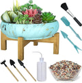 Succulent Pots, 10 Inch Large Succulent Planter Pots with Drainage - Ceramic Marble Bonsai Pot with Stand Shallow Planter for Cactus Flower Plants Plus Succulent Planting Tools Set & 2.2lb Mix Pebbles