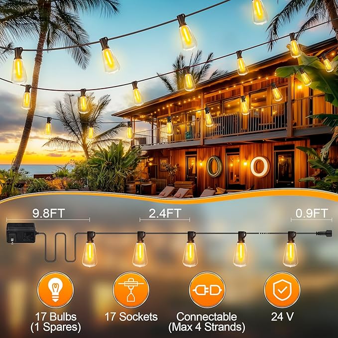 Outdoor String Led Patio Lights - 50Ft 15M Outside Waterproof Light ST38 Shatterproof Bulb Connectable Hanging Outdoor Electric Lighting for Backyard Yard Gazebo Porch Party