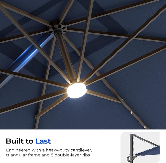HOMSHADE 10 ft Square Cantilever Patio Umbrella with Base Included, Solar Lights Large Umbrella Outdoor Patio with 360°Rotation&Tilting, LED Lighted Offset Umbrellas w/Stand for Pool Deck