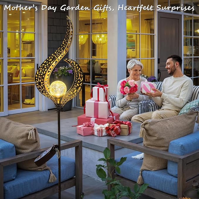 Outdoor Garden Gifts Solar Lights Stake Waterproof, Mothers Day Gifts Mom, Crackle Glass Metal Flower LED Yard Art Ornaments Lights for Pathway, Lawn or Courtyard, Birthday Gifts Women (Bronze)