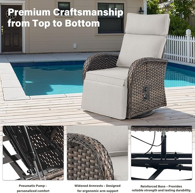Dual-Adjust Swivel Outdoor Recliner Chair Set of 3 - Reclining Patio Chair with Adjustable Backrest and Footrest, All-Weather Wicker Chaise Lounge Outdoor with Side Table for Deck (Upgraded 2.0)