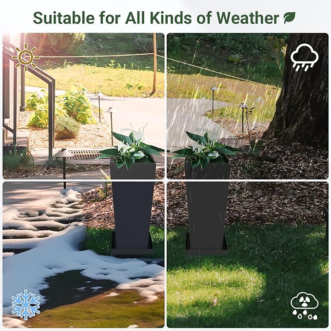 Tall Planters 20" H - 2 Pack, Tapered Pots with Drainage Insert Shelve & Trays, Metal Outdoor Planter Box for Porch, Garden, Patio, Yard (Black)