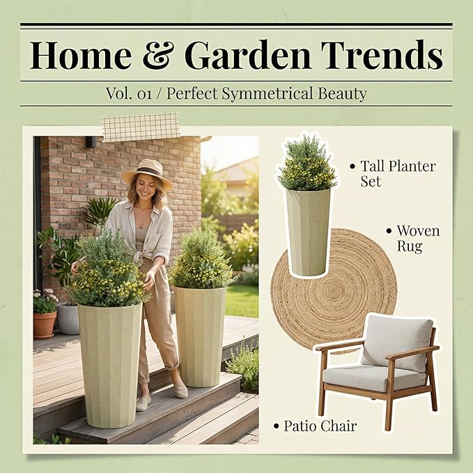 23.6" H Tall Planters for Outdoor Plants, 2 Pack Large Outdoor Planters for Porch Decor with Automatic Drainage Hole, Plastic Stripe Design Flower Pots Fits Indoor Plants Patio Garden, Black