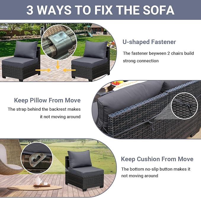 Jing's Villa 7-Piece Patio Furniture Set, All-Weather Outdoor Wicker Sectional Sofa with Cushions, Tempered Glass Table & Ottoman, Rattan Conversation Seating for Porch, Garden, Backyard,Grey