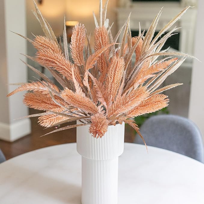 7 PCS Artificial Stems Fake Plants for Spring Summer Decor, 26 in Fake Leaves Greenery Branches Orange Silk Flowers Faux Foliage DIY Stems for Vase Home Kitchen Farmhouse Indoor Table Centerpiece