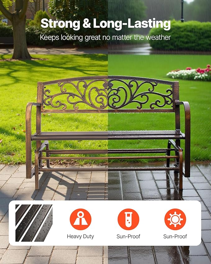 VEVOR Outdoor Bench, 50 inch, Carbon Steel Metal Frame with Cast Iron Backrest and Round Edge Armrests, Weatherproof Outside Glider Bench for Patio, Garden, Park, Yard, Front Porch, Antique Bronze