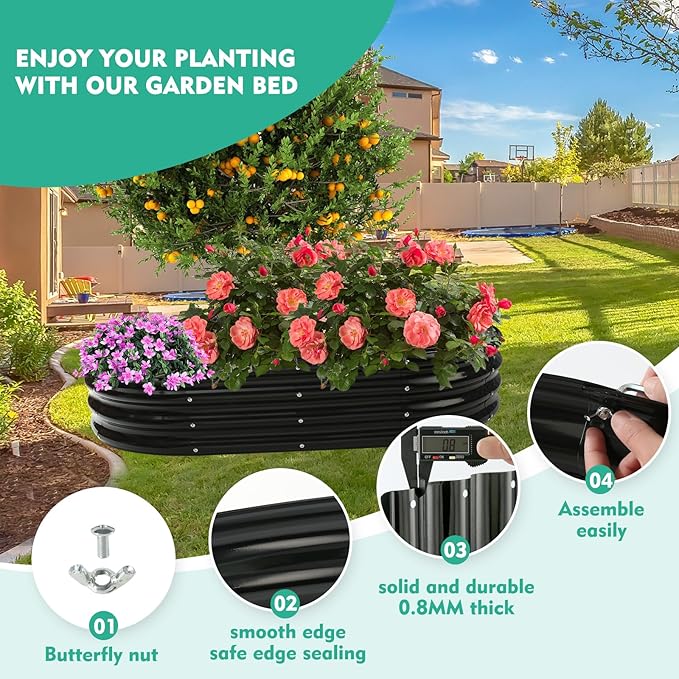 5X2.7X1 FT Oval Galvanized Metal Garden Raised Bed/Plant Box for Planting,32 Inches Diameter Iron Fire Pit Ring,Small Animal Fence-3 in 1 Modular Design in Black (Black, 60X32X11.5 Inches)