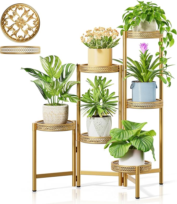6 Tiered Plant Stand Indoor for Multiple Large Planter, Tall Heavy Duty Adjustable Folding Rack with Rustproof 7.9 Inch Wide Tray, Plant Shelf for Corner Living Room - GoldWave
